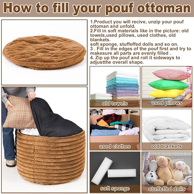 2 Pcs 26 x 18 Inch Unstuffed Pouf Cover Ottoman Foot Rest - No Filler, Faux Rabbit Fur Foot Stool Floor Bean Bag Floor Chair Storage for Living Room Bedroom Home Decor(Brown)