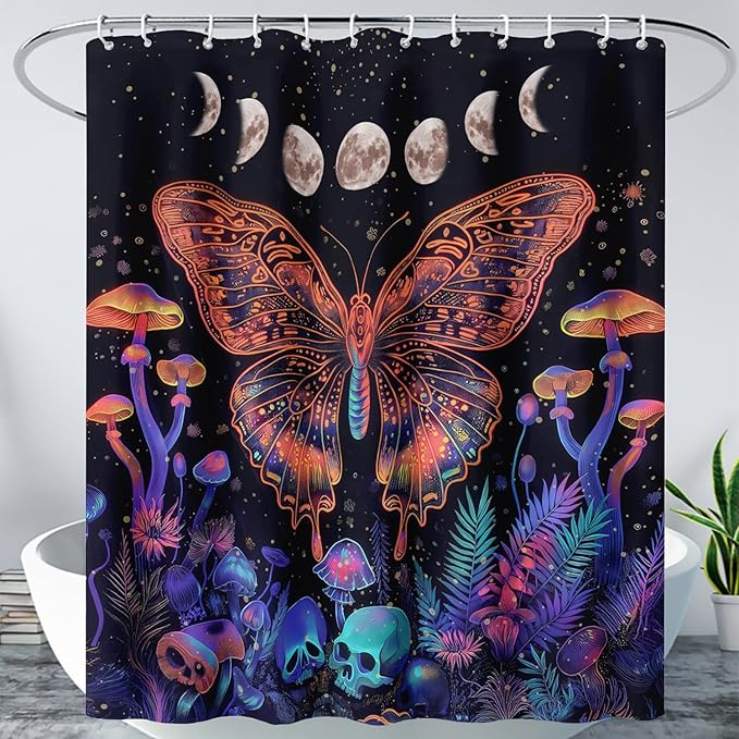 AILONEN Colorful Butterfly Shower Curtain,Magic Mushroom Waterproof Fabric Bath Curtain for Kids Girls,Boho Sun and Moon Skull Shower Curtain Set for Bathroom 36" W*72" H
