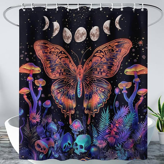 AILONEN Colorful Butterfly Shower Curtain,Magic Mushroom Waterproof Fabric Bath Curtain for Kids Girls,Boho Sun and Moon Skull Shower Curtain Set for Bathroom 36" W*72" H