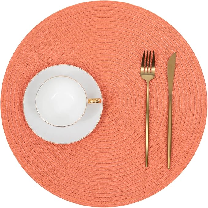 SHACOS Round Braided Placemats Set of 6 Washable Cotton Polyester Round Placemats for Kitchen Table 15 inch Round Table Mats (Coral, 6)