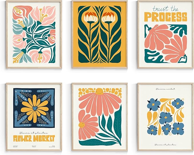 Habseligkeit Flower Market Posters for Room Decor, Abstract Floral Wall Art Prints, Cute Wall Decor, Vintage Posters for Girls Room Aesthetic (8x10 UNFRAMED Set of 6)