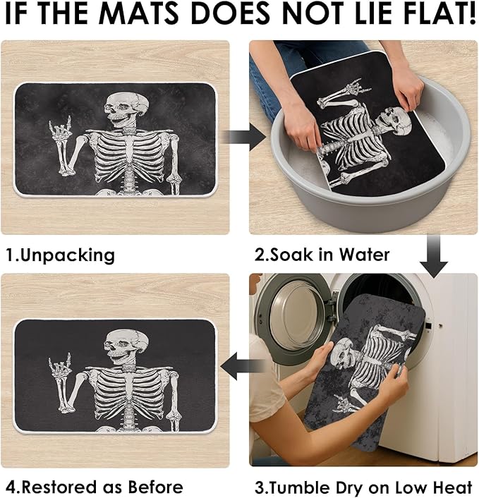 Britimes Bath Mat for Bathroom, Rock and Roll Skeleton Skull Washable Cover Floor Rug Carpets Floor Mat Bathroom Decorations 16x24 Inches for Kitchen Bedroom Indoor