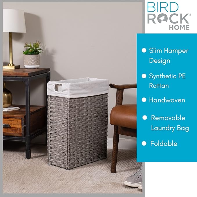 BIRDROCK HOME 22" Laundry Hamper with Removable Liner Bag - Handwoven PE Rattan Clothes Basket - Compact & Collapsible Laundry Storage for Bedroom & Bathroom - Perfect for Small Spaces - Slim, Grey