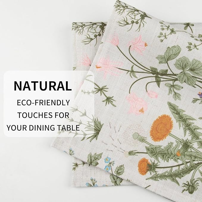 QIYI Boho Placemats Set of 6, 12x18 Inch Linen Fabric Floral Place Mats for Kitchen Dinning, Farmhouse Rustic Cloth Table Mats, Washable Placemat Botanical Party Table Décor, Wildflowers Herbs