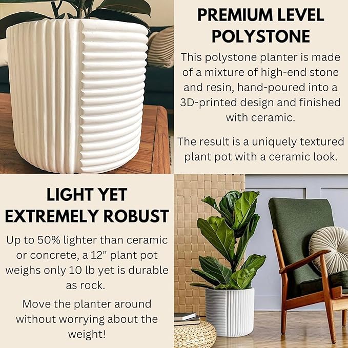 Fox & Fern Large 12 Inch Planter with Drainage Plug — Premium Polystone White Plant Pot; Modern Planter with 3D Texture and Ceramic Finish; 12 Inch Pots for Plants Indoor & Outdoor