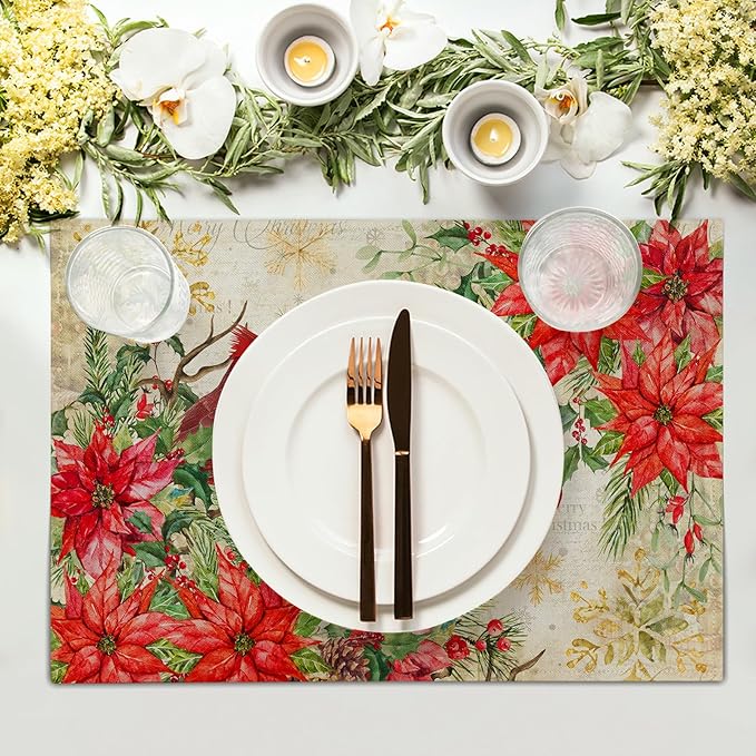 Winter Red Birds Placemats Set of 4 Xmas Holly Berry Pine Cones Place Mat for Kitchen Dining Decor 12 x 18 Inch Watercolor Poinsettias Linen Fabric Table Mats for Home Holiday Seasonal Party