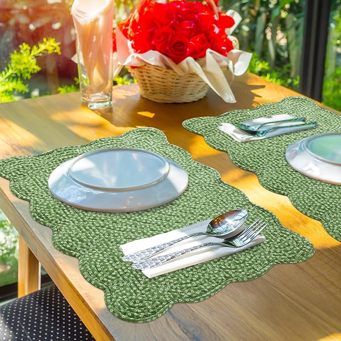 HOMBYS Quilted Placemats Set of 6 Washable-13x18 inches Rectangular Placemats for Kitchen Table-100% Cotton Fabric Rectangular Table Mats, (Green & Withe)