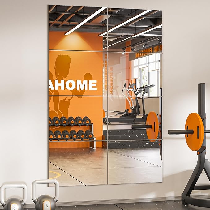 Wall Mirror Tiles, 16"x12"x8PCS Full Length Home Gym Mirror for Garage, Bedroom, Living Room, Over The Door
