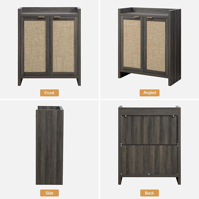 SICOTAS 41" Tall Shoe Cabinet, 24 Pair Shoe Storage Cabinet with Doors and 6-Tier Shelves, Rattan Shoe Cabinet Storage for Entryway, Farmhouse Boho Wooden Cabinet for Hallway, Black Oak