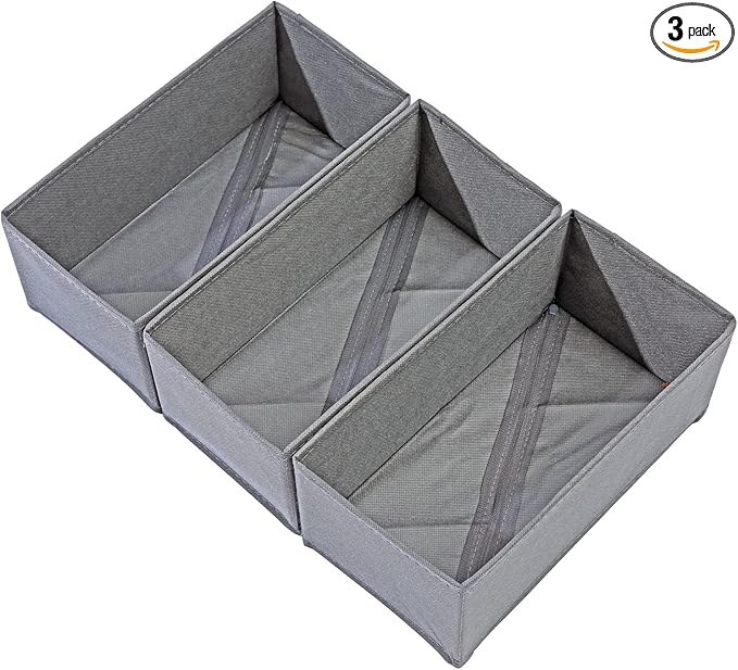 Socks Drawer Organizer Set of 3 Pack Gray, Underwear Dividers, Closet Cabinet Dresser Storage Boxes for Panties Stockings Leggings