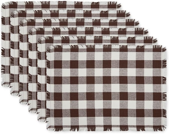 DII Heavyweight Fringed Check Tabletop Collection, Placemat Set, 13x19, Bark Brown, 6 Piece