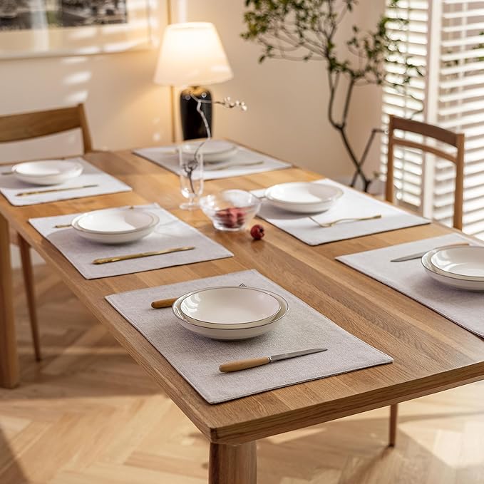 Demetex Placemats Set of 8 Grey Washable Fabric Place Mats Heat Resistant Linen Placemat for Indoor Kitchen Dining Room Tables, 13x19 inch, Light Grey