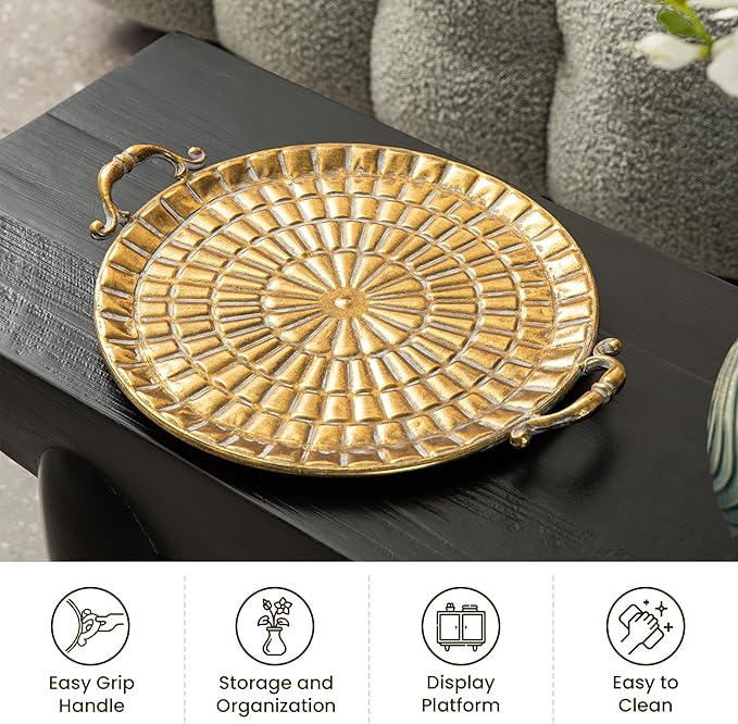 Glitzhome Set of 2 Vintage Decorative Trays with Handles, Metal Large Round Gold Embossed Jewelry Decorative Trays, Bathroom Dresser Vanity Trays