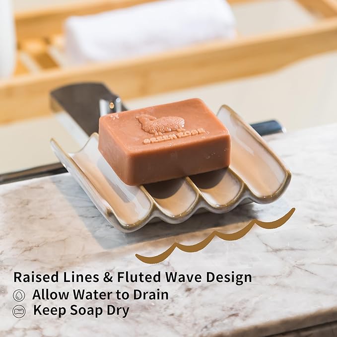 Soap Dish with Self Drain Fluted Design, Bar Soap Holder for Bathroom, Japanese Soap Tray for Shower, Bathroom and Kitchen Sink Organizer, Ceramic Soap Saver, White