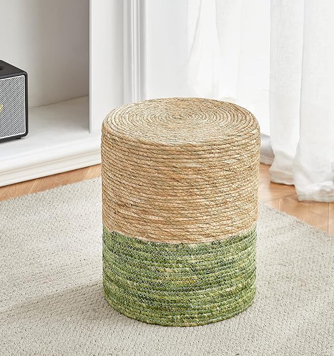 Cplxroc Ottoman Poof Natural Seagrass Poufs Hand Weave Round Footstool Pouffe Accent Chair Sitting Braided Footrest W/Jute Cover Boho Decor for Living Room, Bedroom
