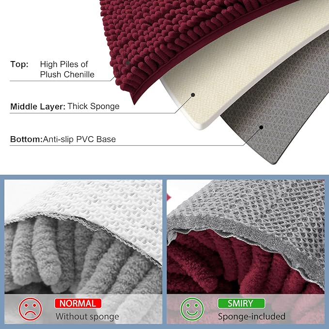 Smiry Luxury Chenille Bathroom Rugs 40x32, Extra Soft and Absorbent Shaggy Bath Mat, Machine Washable, Non-Slip Plush Carpet Runner for Tub, Shower, and Floor, Home Decor Accessories, Burgundy