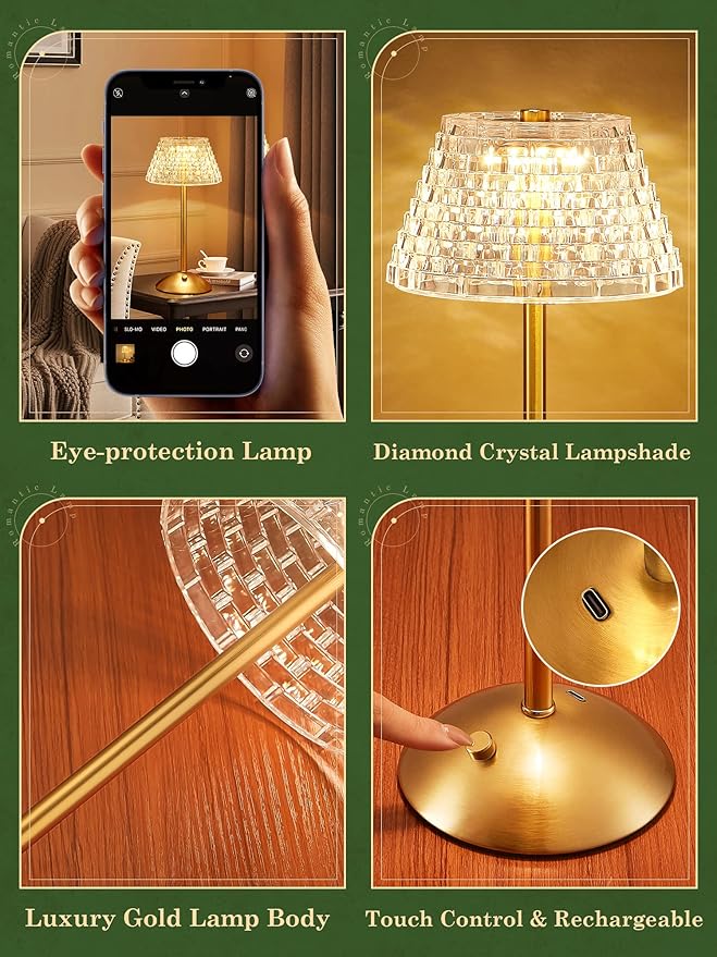 Crystal Lamp for Bedroom,500 Lm Small Lamps for Small Spaces,3 Colors Dimmable Touch Lamps for Bedrooms,Touch Lamp Small Lamp,Small Table Lamp for Living Room,Bedside Table Lamp for Bedroom,Gold Lamp