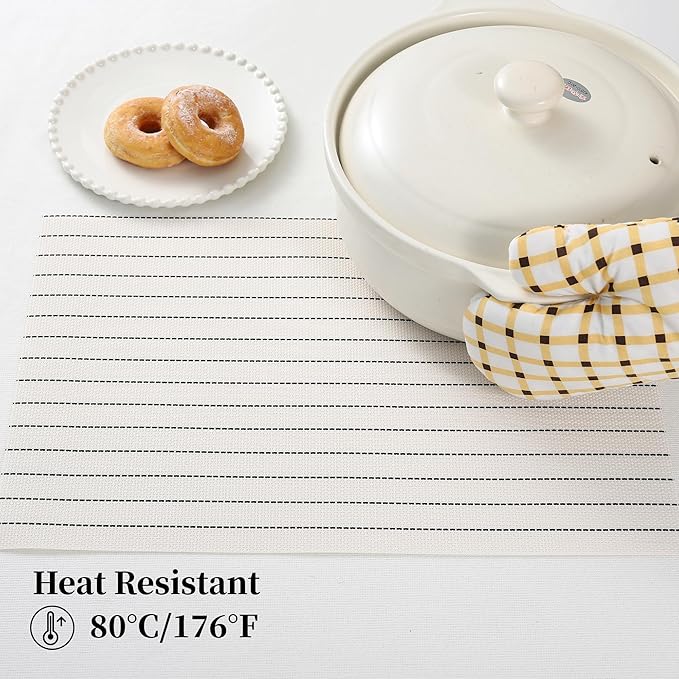 Leetaltree White with Black Stripes Placemats Set of 4 - Heat Resistant Non-Slip Place mats for Dining Table, Washable Durable PVC Vinyl Woven Table Mats(White Stripes, 4)