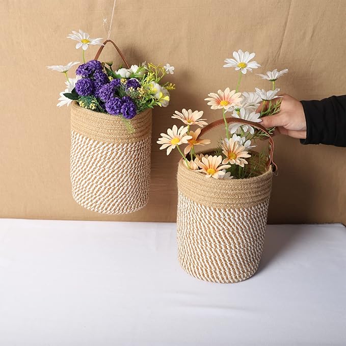 Hanging Basket(2Piece) Wall Woven Cotton Rope Storage Basket with Leather Decorative Baskets Organizer for Kitchen Office Bedroom,Plants,Towels, Toys Khaki