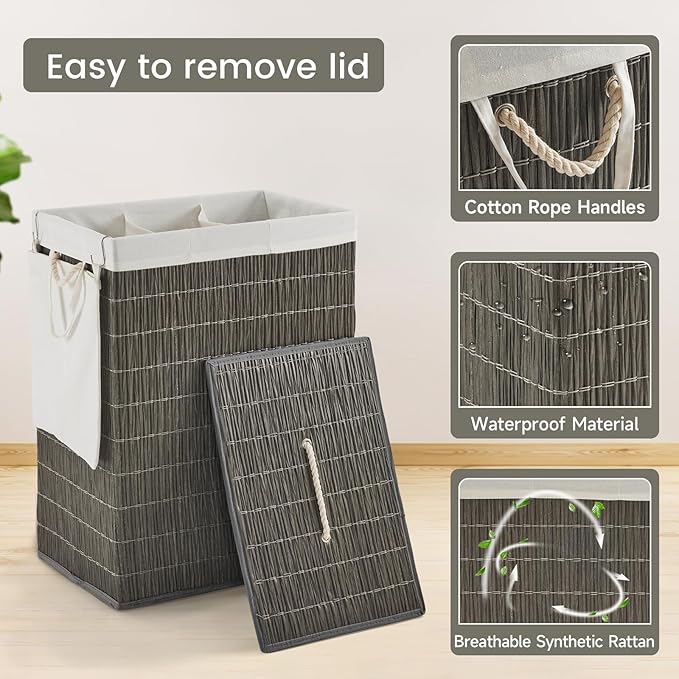 Laundry Hamper with Lid, 55.5 Gallon (210L), Large Handwoven Rattan Laundry Basket, 3 Section Clothes Hamper with Handles, 2 Removable Liner and Side Pocket, Grey