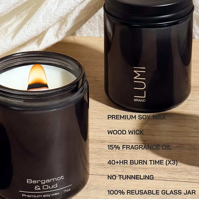 Set of 3 Scented Soy Candles Gift Set | Le Noir Collection | 3 Scented Candles - Men's Cologne, Red Teakwood, Bergamot & Oud | Crackling Wood Wick | Clean Burn | 40+HR Burn Time, 7oz Each