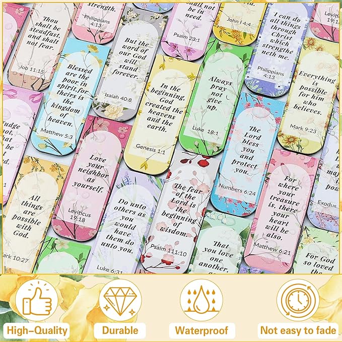 50 Pack Christian Magnetic Bookmarks,Gifts for Women,Men,Bible Verse Book Marker, Book Lovers, Page Markers for Students Teachers Reading,25 Cute Flower Patterns,Printing on 2 Side