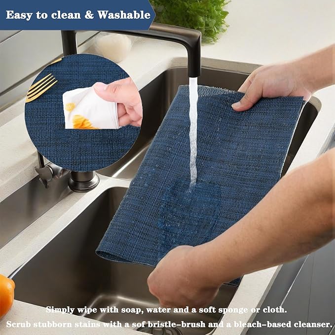 Navy Blue Placemats Set of 4 - Heat Resistant Non-Slip Place mats for Dining Table, Washable Durable PVC Vinyl Woven Table Mats (Navy Blue, 4)