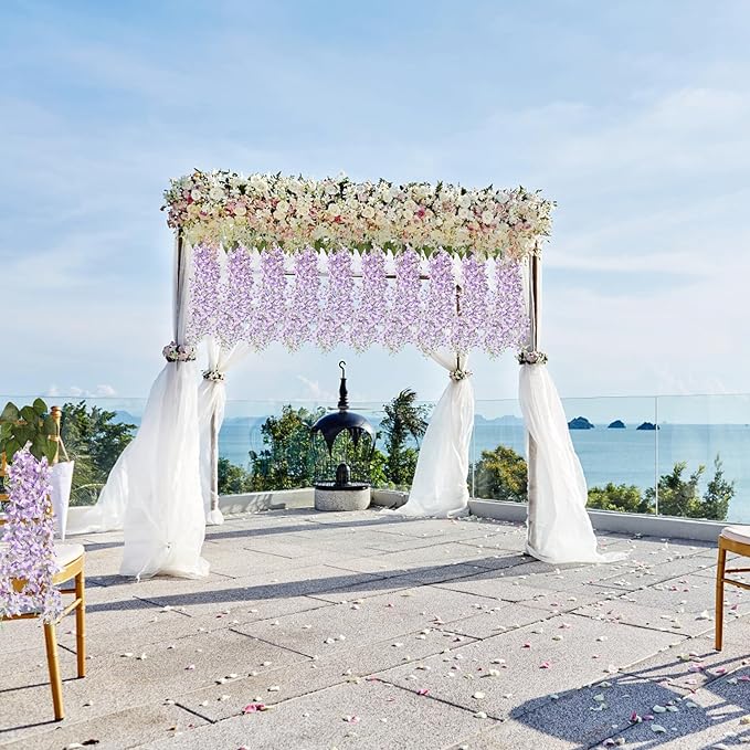 RECUTMS Artificial Lilac Flowers Garland 33.5in Faux Hanging Wisteria Vines 6Pcs Fake Silk Lilac Floral Decoration for Home Garden Wedding Arch Birthday Party Indoor Outdoor (Purple)