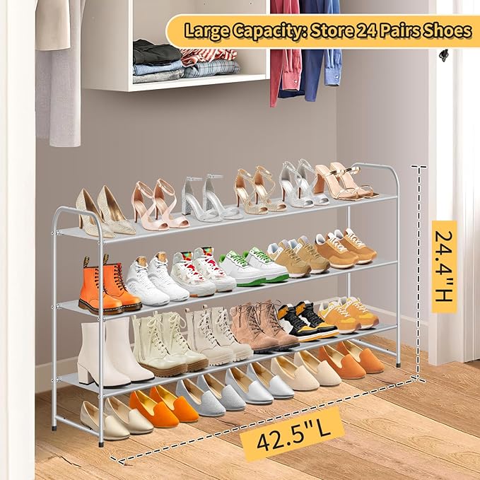 SLEEPING LAMB 3-Tier Long Shoe Rack Organizer for Closet, Stackable Wide Shoe Shelf Holds 24-Pairs Shoe Storage for Bedroom, Floor, Entryway (Grey)
