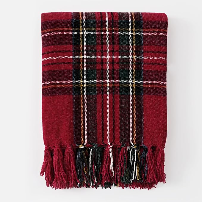 EVERGRACE Stewart Red Christmas Plaid Chenille Throw Blanket for Couch, Super Soft Cozy Tartan Checkered Throw Blanket with Tassels, Lightweight Plush Chenille Knit Throw for Christmas Decor, 50"x60"