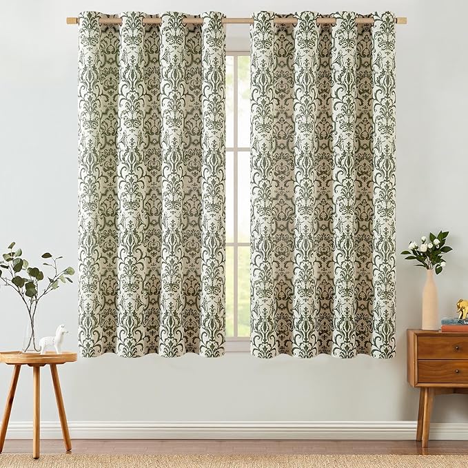 jinchan Linen Curtains for Bedroom & Living Room - Moss Green Damask Patterned Curtains, 63 Inch Length, Light Filtering, Vintage Baroque Style Drapes with Grommet Window Treatments - 2 Panels Set