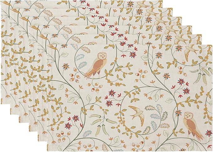 QIYI Boho Placemats Set of 6, 12x18 Inch Linen Fabric Place Mats for Kitchen Dinning, Farmhouse Rustic Floral Cloth Table Mats, Washable Placemat Folk Art Party Table Décor, Forest Birds