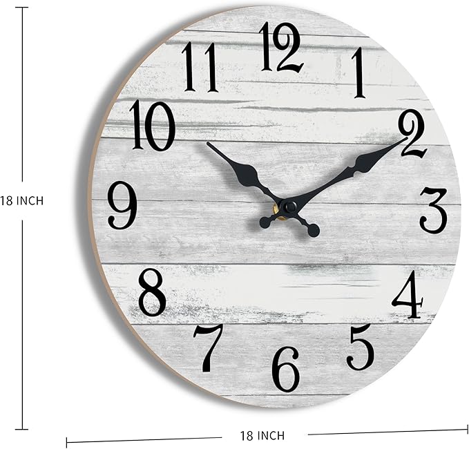 Wall Clock Battery Operated 18 Inch Large Gray Silent Non Ticking Country Rustic Design Vintage Retro Decorative for Bathroom Kitchen Living Room Bedroom