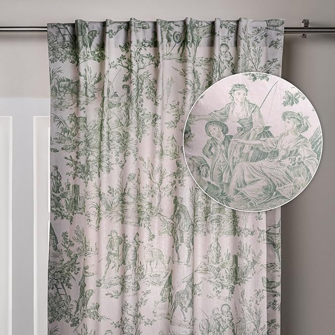 Maison d' Hermine Curtains for Living Room 100% Cotton 96 inch Length One Panel Light Filtering Toile Curtains for Bedroom Windows with Rod and Loop Pockets (The Miller Antique Green, 50" W x 96" L)