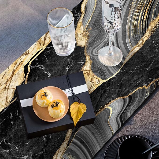 Mcalk Black Marble Table Runner and Placemats Set of 6 Pieces, Gold Marble Placemats, Modern Cloth Place Mats Indoor for Kitchen,Washable Linen Material for Dining Table