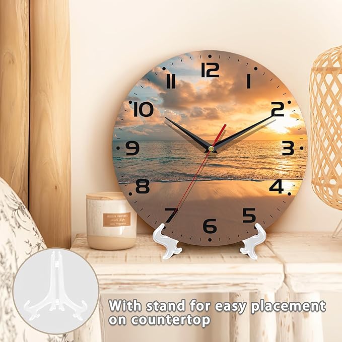 Sunset Beach Wall Clock - Vintage Wooden, Silent Non-Ticking, Battery Operated, Arabic Numerals, Decorative for Kitchen, Office, Classroom - 10 Inch