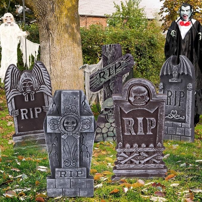 17” Halloween Foam RIP Graveyard Tombstones, 5 Pack Tombstone with 10 Metal Stakes for Halloween Decorations
