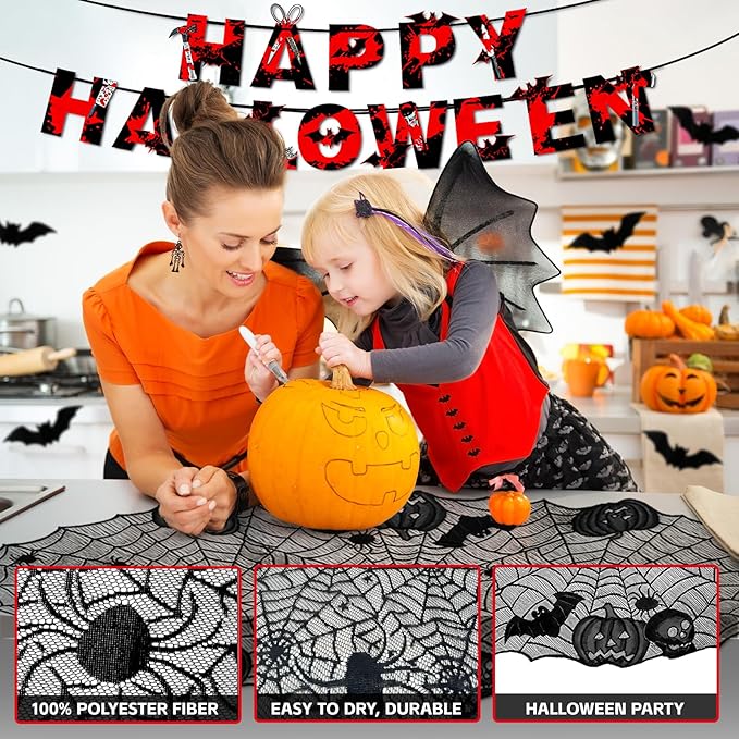 Indoor/Outdoor Halloween Decor Set - Mantel Scarf, Pumpkin Spider Table Runner, Window Stickers, 3d Bats & Spiders, Happy Halloween Banner, Spiders Hanging Garland