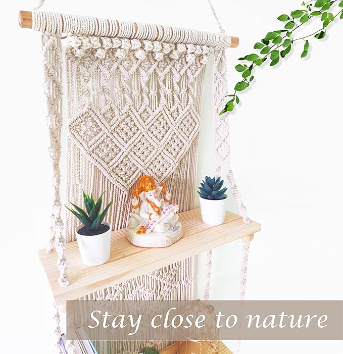 Macrame Wall Hanging Shelf 3 Tier Boho Wall Plant Hanger Shelves, Handmade of Woven Rope Boho Shelves Organizer for Living Room Bathroom Home Storage Floating Plant Rack Bohemian décor