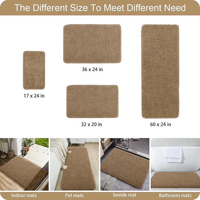 AROGAN Luxury Long Bathroom Runner Rug, 24x72 Inch Thick Soft and Absorbent Non Slip Bath Mat, Rubber Backing Quick Dry Rugs Carpets, Machine Washable Plush Mats for Shower Floor, Brown