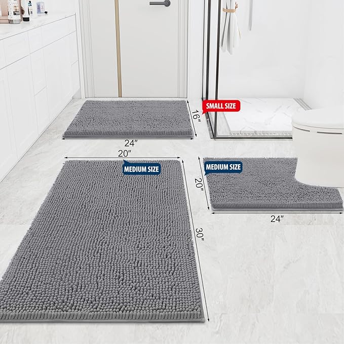 Smiry Luxury Chenille Bathroom Rugs 24x16, Extra Soft and Absorbent Shaggy Bath Mat, Machine Washable, Non-Slip Plush Carpet Runner for Tub, Shower, and Floor, Home Decor Accessories, Grey