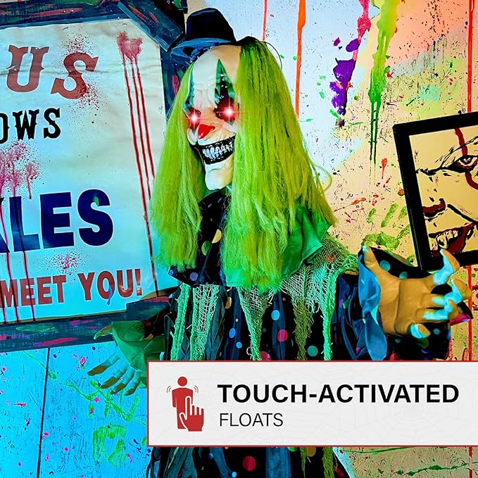 Haunted Hill Farm Lifesize Animatronic Scary Talking Clown with Touch Activated Lights and Sound, Battery-Operated Indoor or Covered Outdoor Halloween Decoration