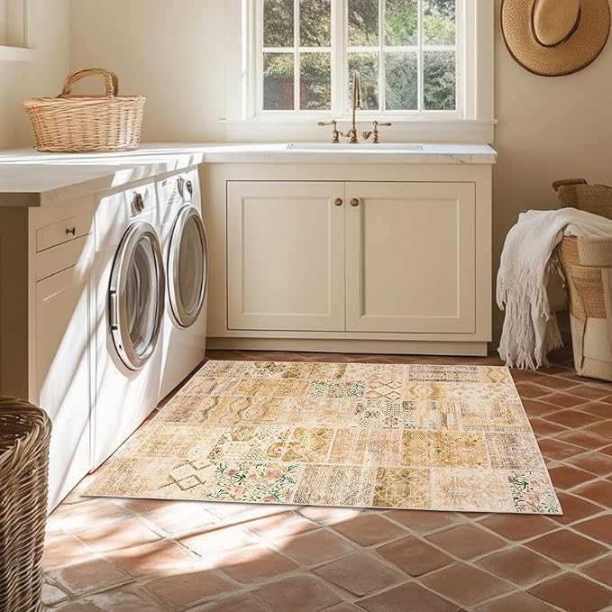 Boho Kitchen Rug Washable,4x6 Non Slip Small Area Rug for Bathroom Bedroom Indoor Entrway Ultra Thin Fit Under Door,Light Tan Beige Brown and Blush Pink Green