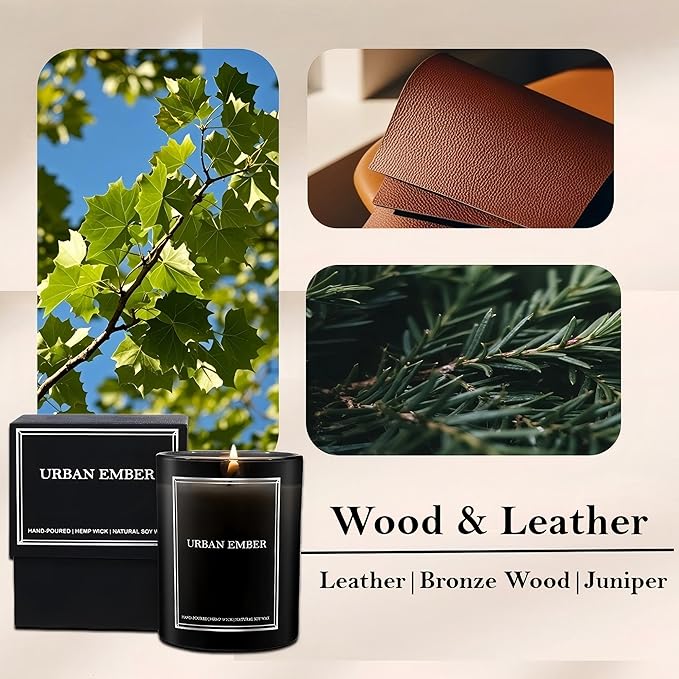 Wood Leather Scented Candle, Aromatherapy Candle for Home Scented - 55 Hours Long Lasting Soy Wax Candle - Strong Fragranced Black Candle Gift for Women & Men, 8 oz