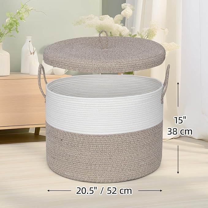 Laundry Basket with Lid, Woven Cotton Rope Laundry Hamper Foldable Storage Organizer Bin Blanket Basket for Comforter, Cushions, Clothes, Pillows, 20.5x20.5x15 Inch, Brown/White