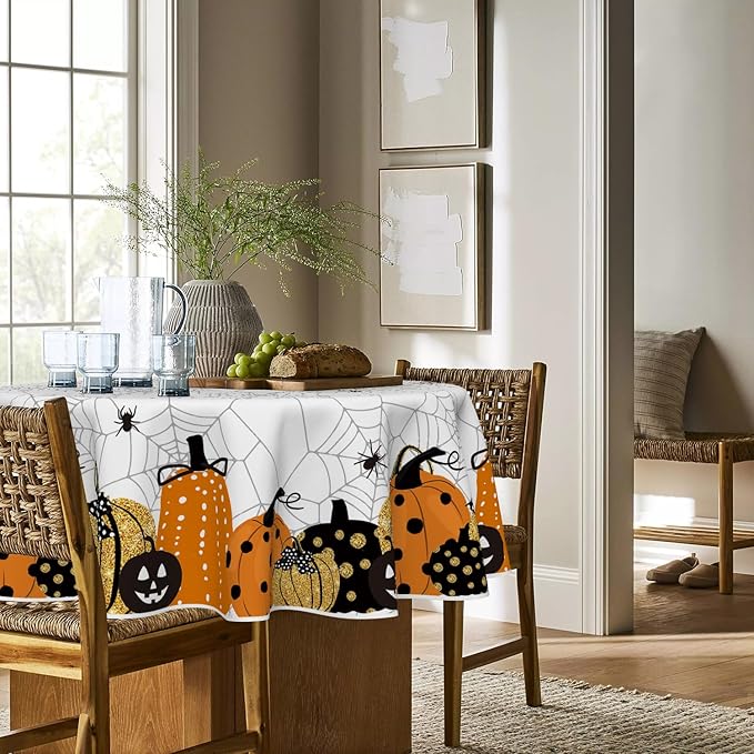 Horaldaily Halloween Tablecloth 90×90 Inch Round, Jack-O-Lantern Pumpkin Cobweb Scary Themed Washable Table Cover for Party Picnic Dinner Decor