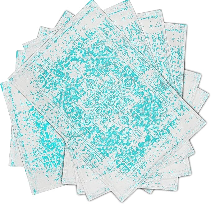 Gray Aqua Turquoise Boho Placemats Set of 6 Ethnic Bohemian Carpet Place Mats Washable Kitchen Dining Vintage Grey Floral Linen Table Mats Stain Heat-Resistant for Home Party Indoor 12x18 in