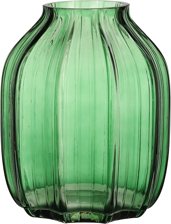 Green Glass Vase for Flowers Bud Tall Glass Vases,H-8.0" Simple Striped Design for Home Floor Decor,Farmhouse Decor, Centerpiece Coffee Table Decorations (Green 8.0IN)