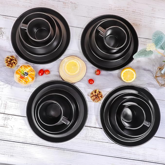 Plates and Bowls Sets, 16 Pieces Dinnerware Sets, Service For 4, Black