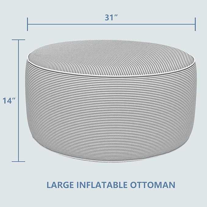 LVTXIII Indoor/Outdoor Inflatable Ottoman, D31 x H14 Large Round Ottoman, All Weather Foot Rest Stool, Portable Footrest for Patio, Garden, Camping and Home - Strip Grey